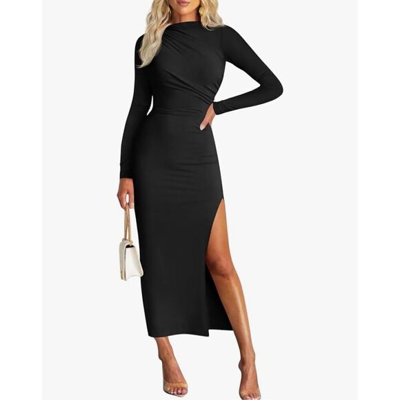 NEW BLACK Bodycon Mock Neck Side Slit Long Sleeve Maxi Dress L - Picture 1 of 7